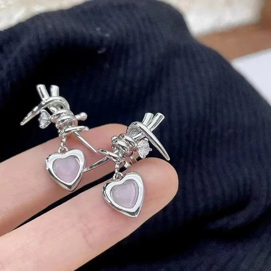 Pink cat's eye stone peach heart thorns zirconia ear clips niche design premium feeling love ear bone clips without ear holes earrings