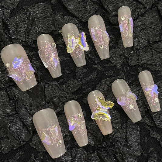 Aurora crushed diamond butterfly hand-painted nail