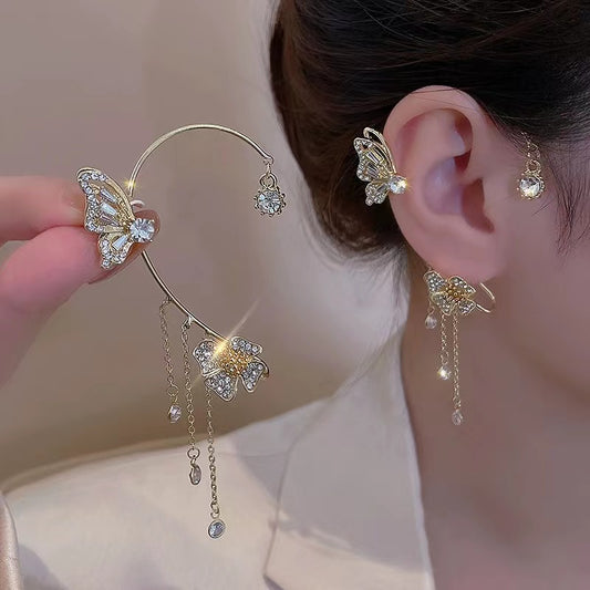Advanced sense of super flash temperament butterfly flower ear hangings female tassel no ear hole earrings jitterbug ear bone clip