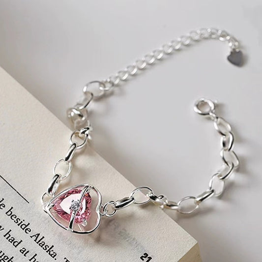 S925 silver sweet pink love bracelet female temperament fashion elegant peach heart bracelet ins literary hand jewelry