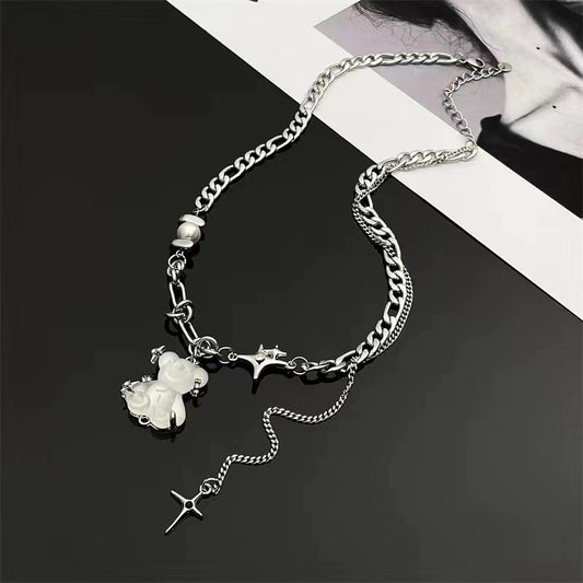 Fashion personality bear pendant stitching tassel star mango necklace female light luxury ins niche design hundred matching collarbone chain
