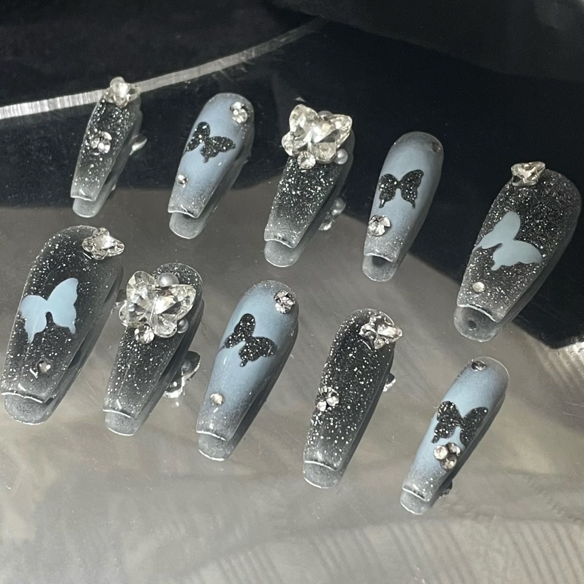 Hollow broken diamond black and blue butterfly handmade nails