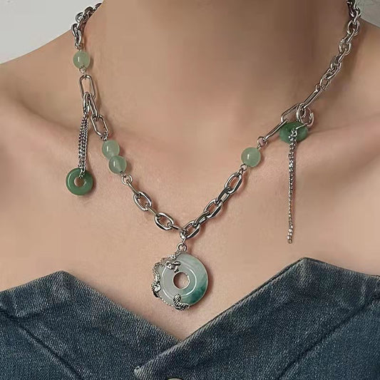 Jade dragon necklace female green beads stitching country style
