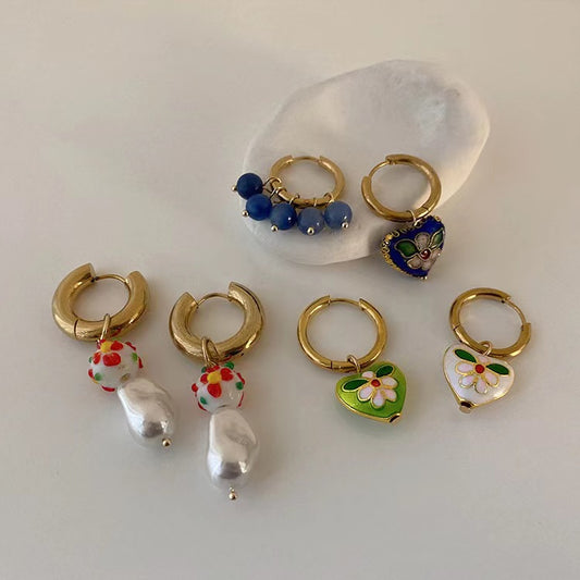 French retro oil dripping pearl love flower earrings