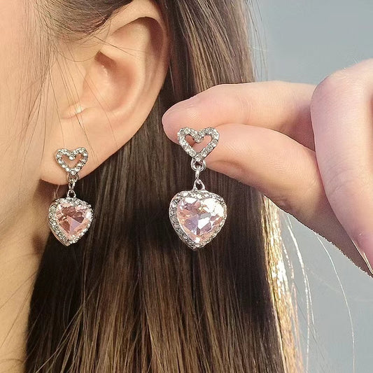 Pink diamond love zirconia necklace set light luxury full of diamonds sweet cool spicy girl style collarbone chain earrings ear pin set
