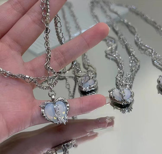Split heart micro zirconia 925 silver necklace