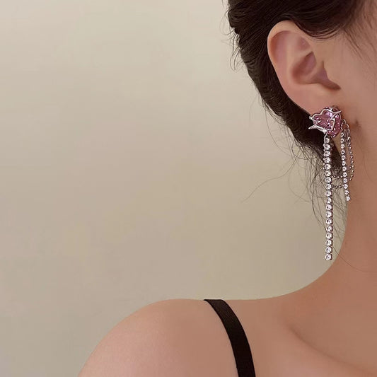 Pink sweetheart super flash zirconia tassel love metal sweet cool earrings