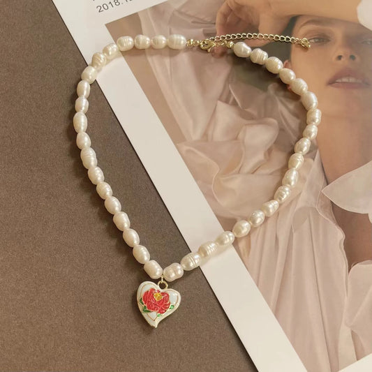 Vintage French pearl necklace elegant rose collarbone chain