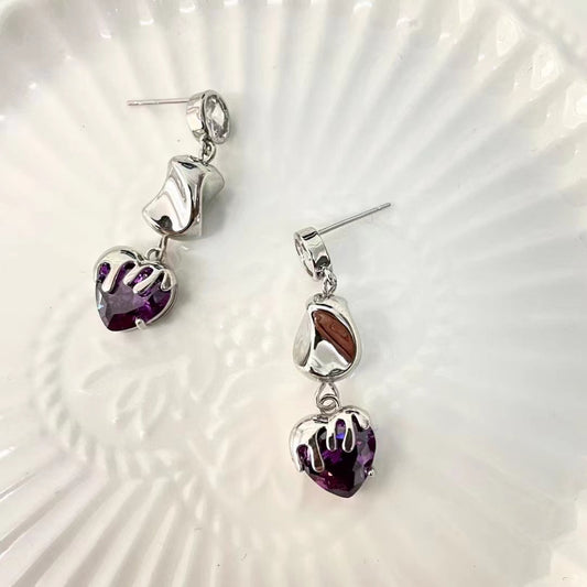 Retro droplets purple crystal love earrings ins cold wind Europe and the United States niche design earrings female tide