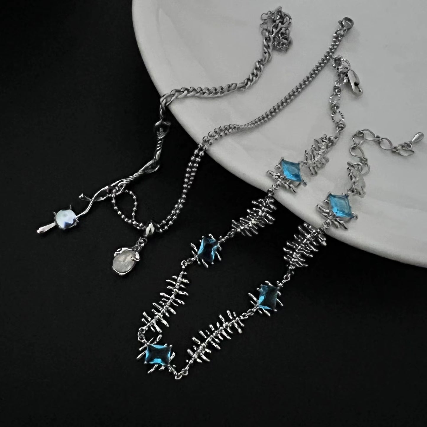 Blue Diamond Tassel Moonstone Necklace