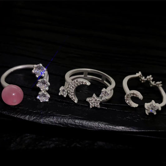 Personalized design zirconium moon star pink cat's eye stone open ring