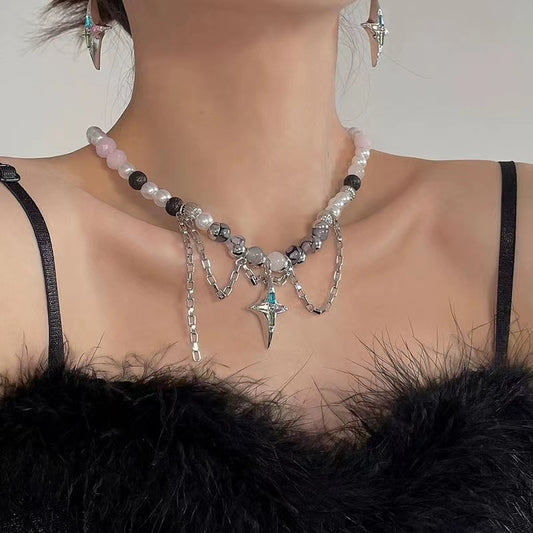 Star body hand-beaded colorful pearl mansard necklace female hip-hop chain collarbone chain niche earrings