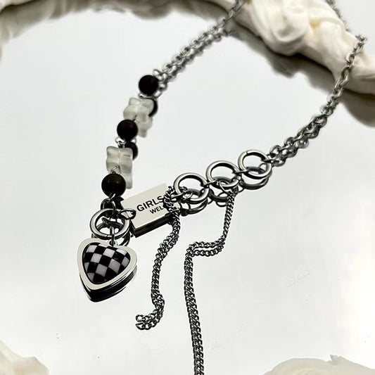 Black and white checkerboard checkerboard love zirconia tassel chain necklace
