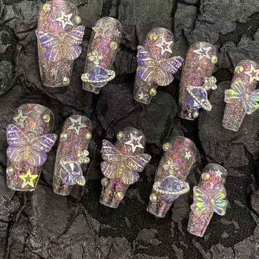 Pure handmade wear nail pink crystal butterfly handmade nail fake nail students pregnant women available nail stickers