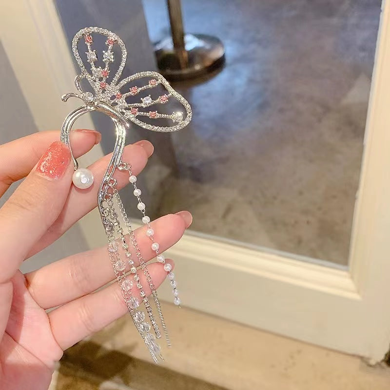Pearl rhinestone butterfly tassel earrings earrings hang female new elf earrings no ear hole ear bone clip earrings