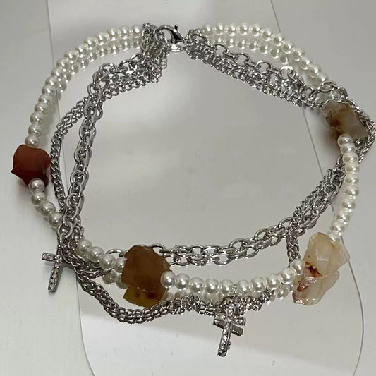 Artificial ore shell beads metal cross niche country trend necklace