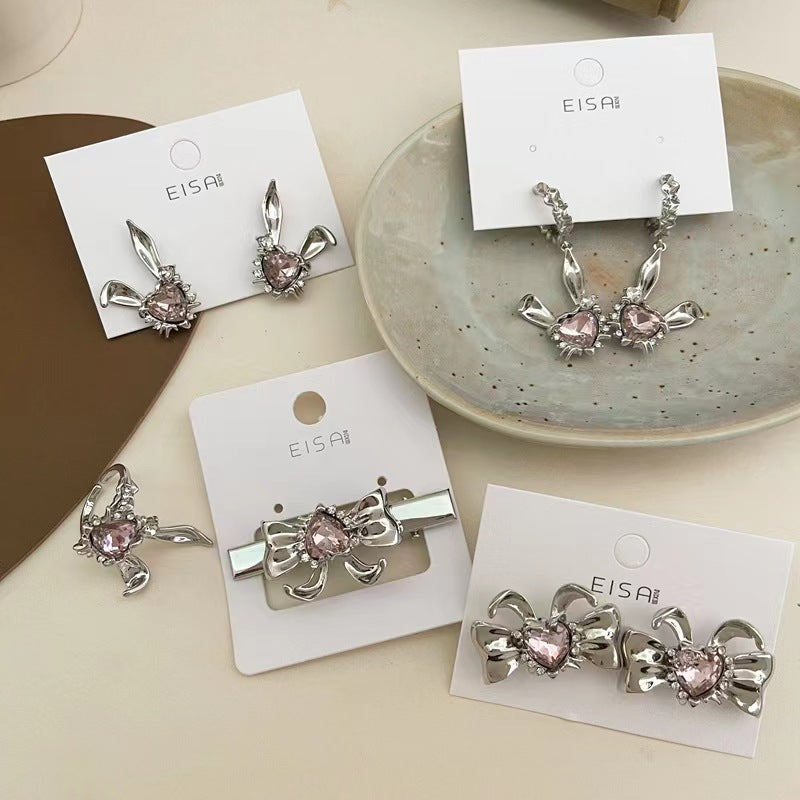 Silver needle bunny series cartoon cute love zirconia earrings earrings female with the same hairpin playful ring
