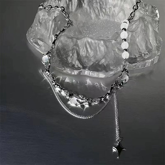 Cat's eye stone stitching mansard tassel necklace men and women niche design senior sense of temperament hip-hop cold wind collarbone chain