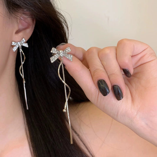S925 silver pin 2022 new tassel bow earrings female earrings