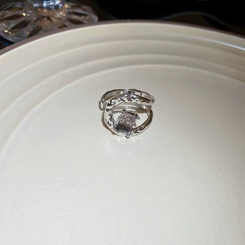 Irregular zirconia cat's eye stone oval open ring niche ins cold wind index finger ring personality trend hand jewelry