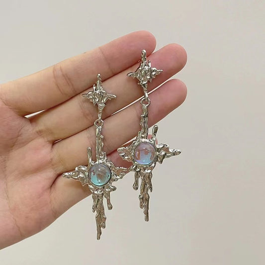 Chinese national tide wind white agate Cross Earrings