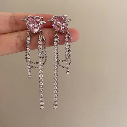Pink sweetheart super flash zirconia tassel love metal sweet cool earrings