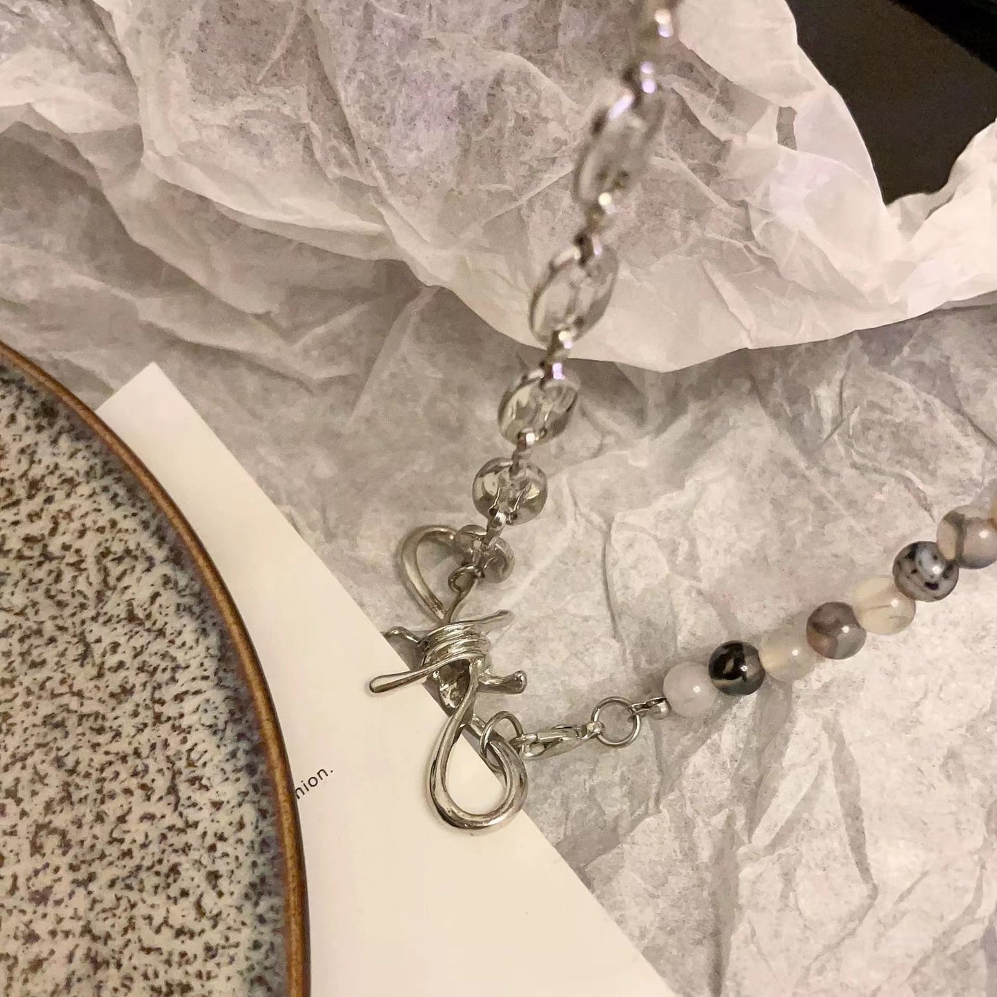 Double chain thorny gray tourmaline hip hop necklace