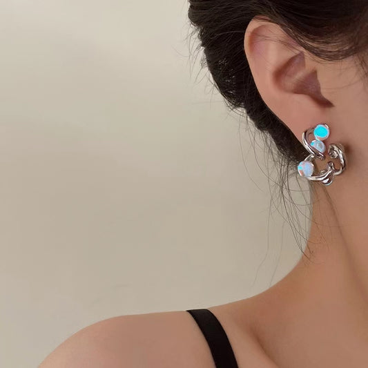 Opal stone design senior sense of silver niche cold wind earrings