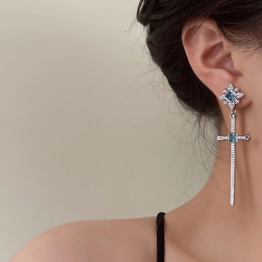 French court vintage sapphire atmospheric cross earrings