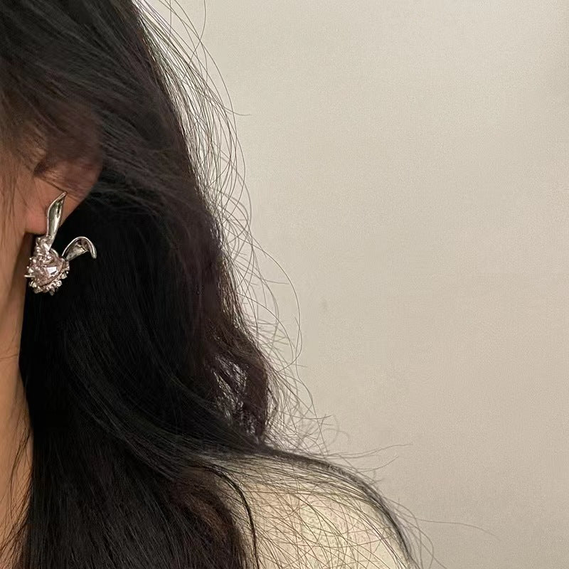Silver needle bunny series cartoon cute love zirconia earrings earrings female with the same hairpin playful ring