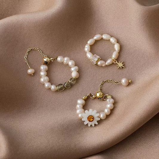 Freshwater pearl girl heart zirconia flower ring