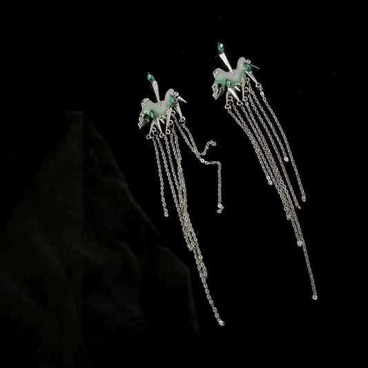 Sweet cool girl thin green zircon tassel long earrings