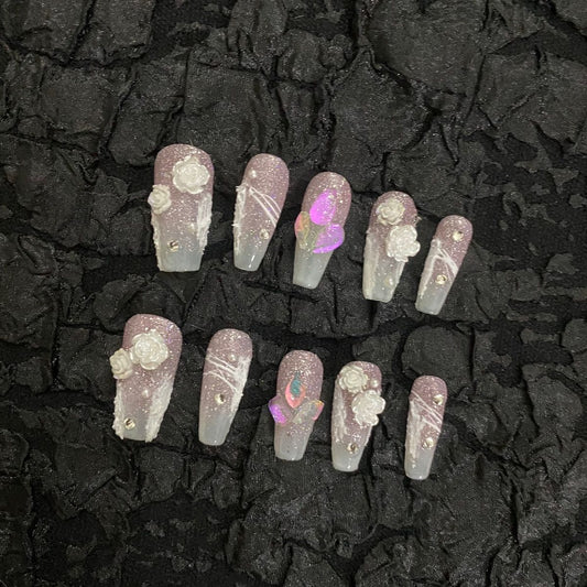 Milky White Gentle Crushed Diamond Purple Gradient Camellia Nails