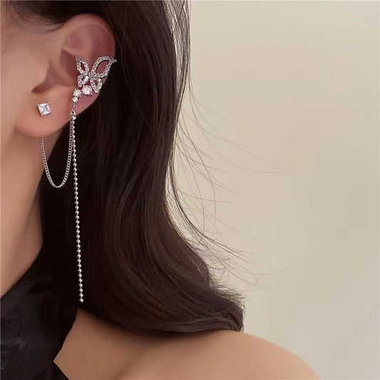 French fairy design senior sense white stone butterfly silver pin earrings