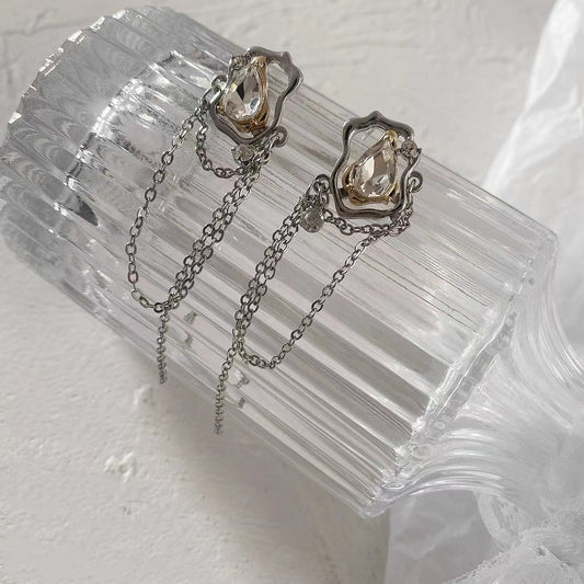 S925 silver needle large zircon tassel Chain Earrings