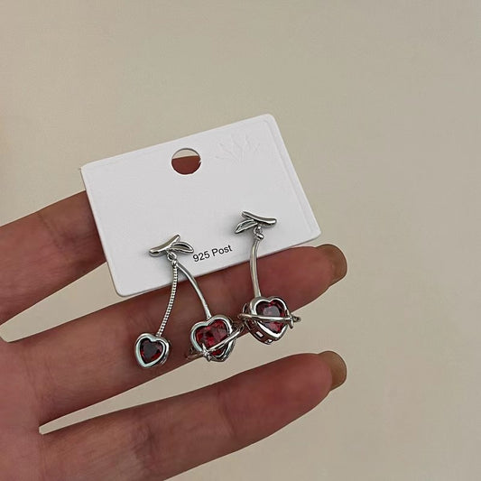 925 silver pin burgundy zirconia love Cheerios earrings niche design sense cold wind earrings ins sweet earrings