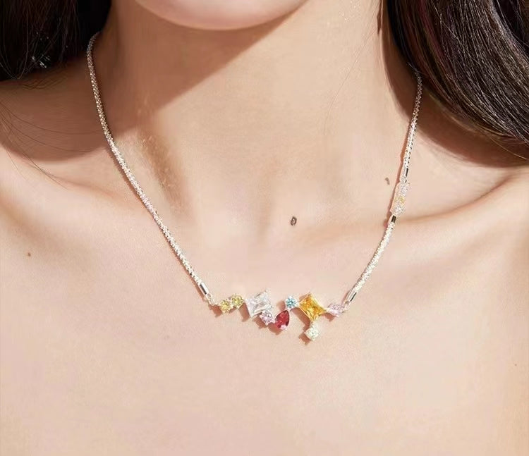 Sparkling color drops zirconia splicing necklace candy color full of stars collarbone chain cold wind necklace accessories