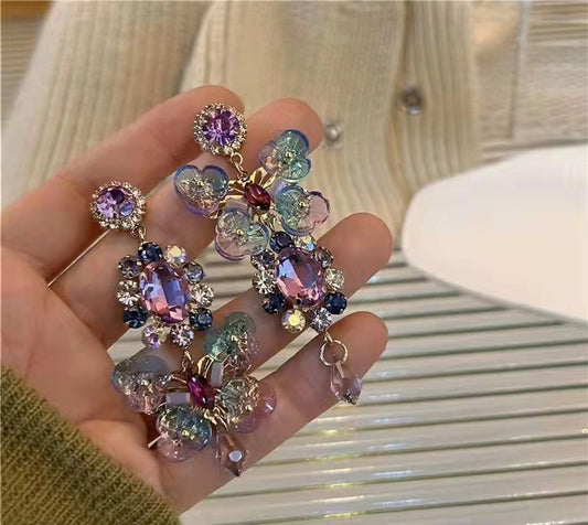 Vintage asymmetric purple flowers butterfly long earrings