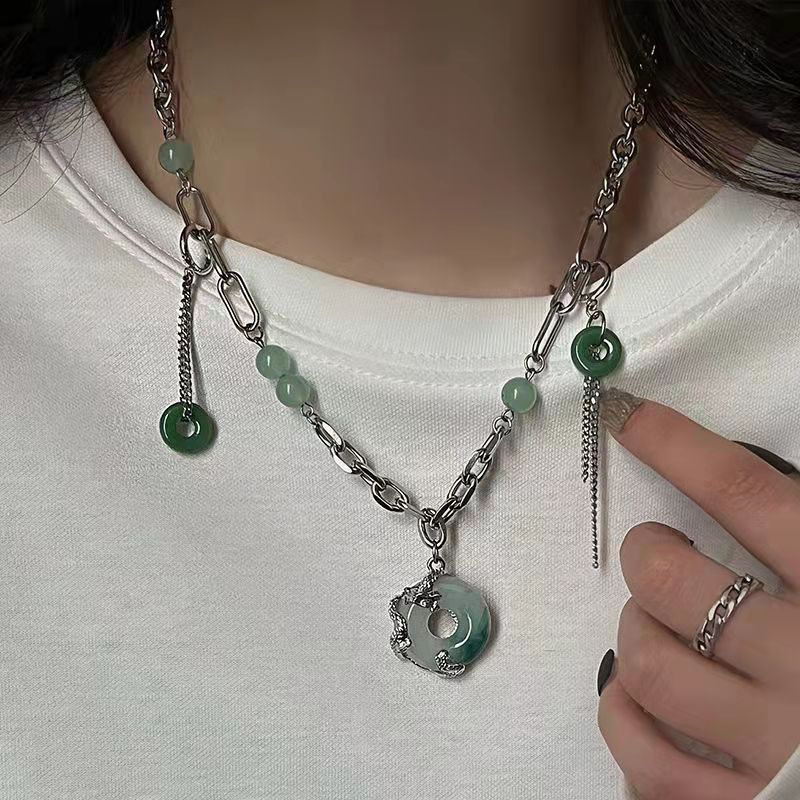 Jade dragon necklace female green beads stitching country style
