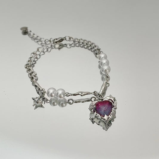 Fashion personality purple love stitching pearl bracelet female light luxury ins niche design sweet cool wind net red hand jewelry