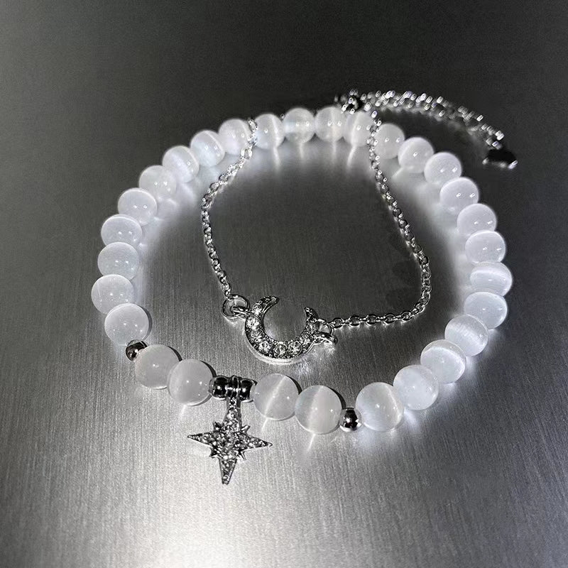 Cat's eye stone and diamond star and moon couple bracelet