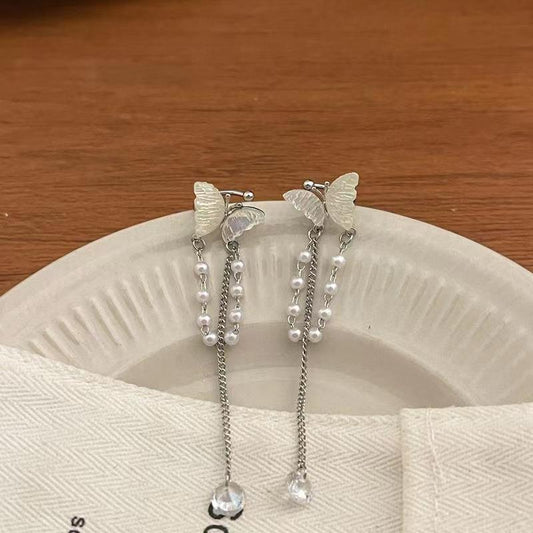 No ear hole super fairy mermaid girl color butterfly pearl tassel ear clip mori temperament fashion gentle cold ear bone clip