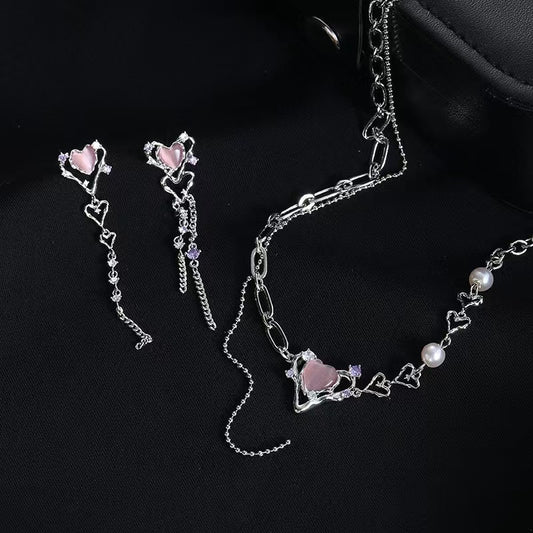 Original design love cat's eye stone necklace female temperament girls sweet cool pink necklace
