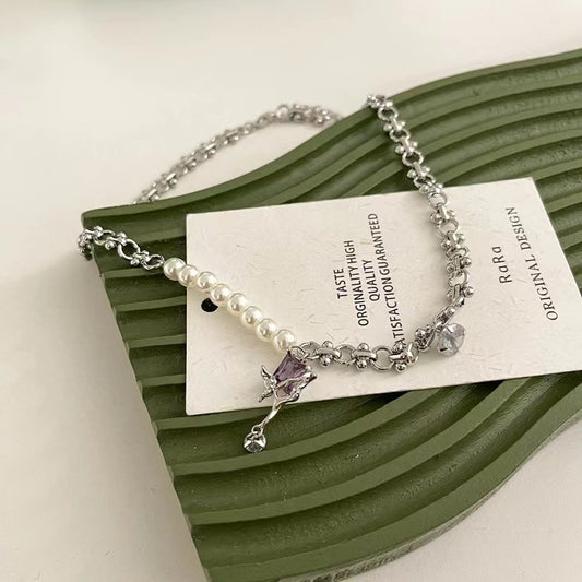 Zirconia pendant necklace female purple super fairy pearl chain splicing collarbone chain