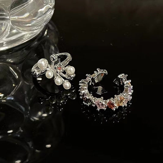 Antique open ring French court flower bud niche design pearl rainbow zircon irregular ring