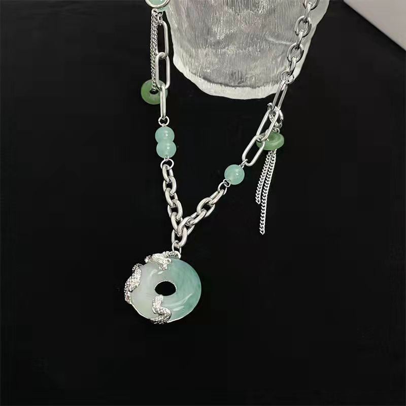 Jade dragon necklace female green beads stitching country style