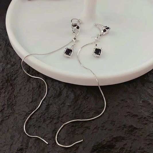 Sweet cool wind black mansard earrings female long tassel ear clips without ear holes earrings
