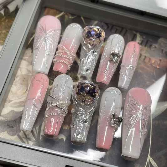 Heavy metal silver fusion butterfly Spice Girl Sweetheart Heavy duty light luxury handmade nail art flash diamond student nail art