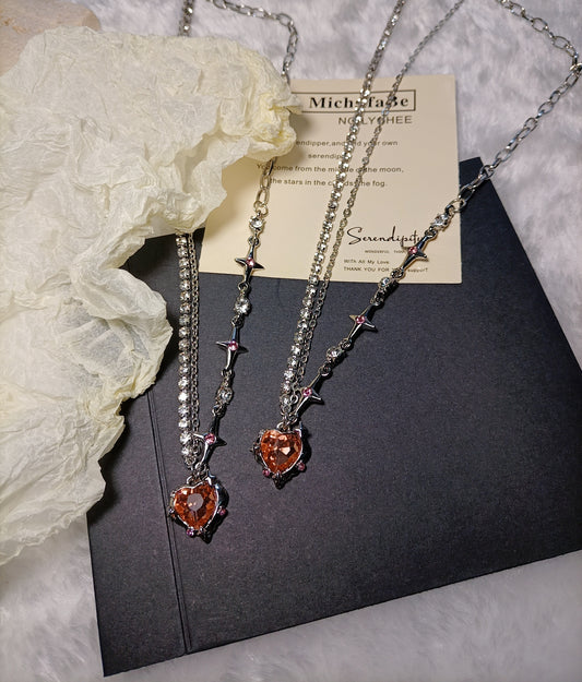 Hot girl orange diamond love star mango splicing diamond chain niche sweet cool silver plated necklace