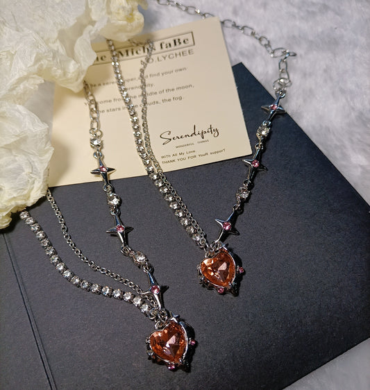 Hot girl orange diamond love star mango splicing diamond chain niche sweet cool silver plated necklace